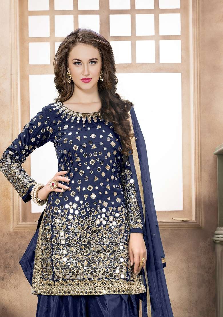 Navy Blue Embroidered Silk Blend Salwar Kameez - Indya
