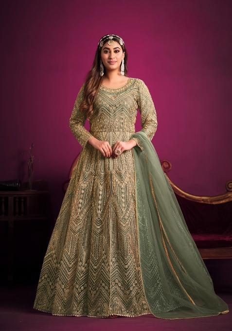 Green Embroidered Net Anarkali Set