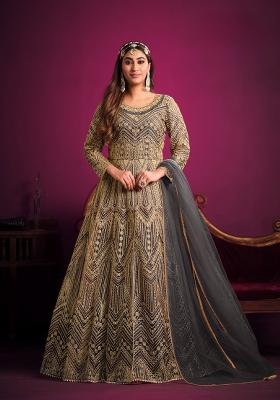 Grey Embroidered Net Anarkali Set