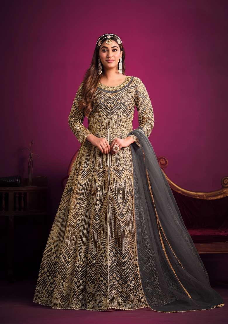 Grey Embroidered Net Anarkali Set - Indya