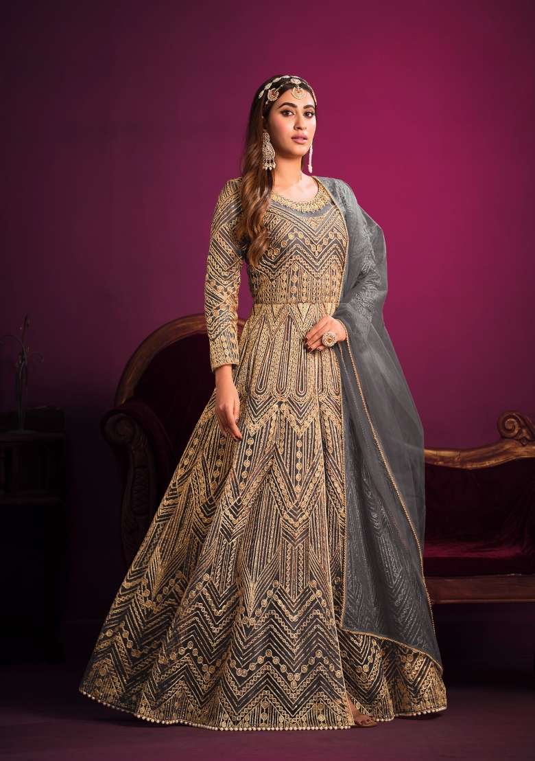Grey Embroidered Net Anarkali Set - Indya
