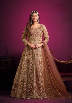 Orange Embroidered Net Anarkali Set