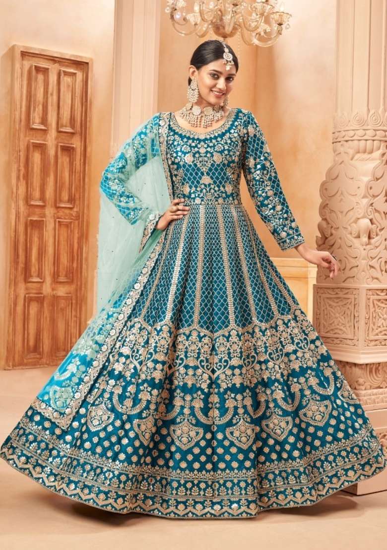Teal Embroidered Silk Blend Anarkali Set - Indya