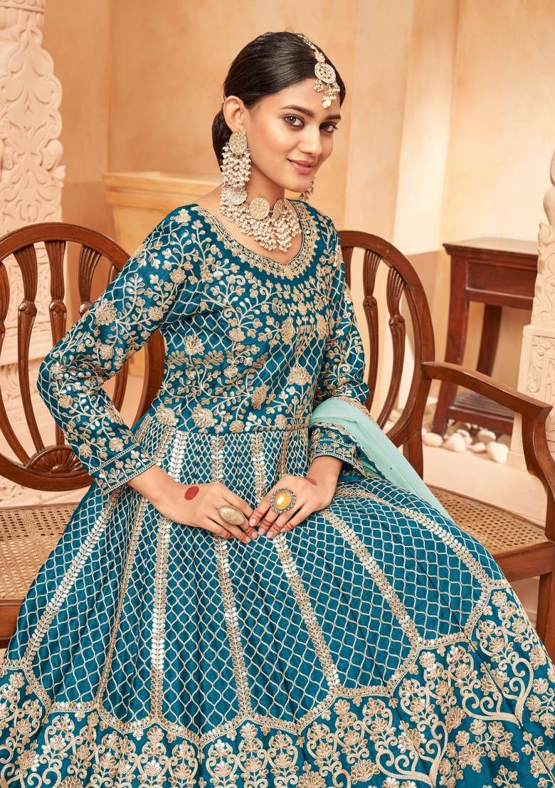 Teal Embroidered Silk Blend Anarkali Set - Indya