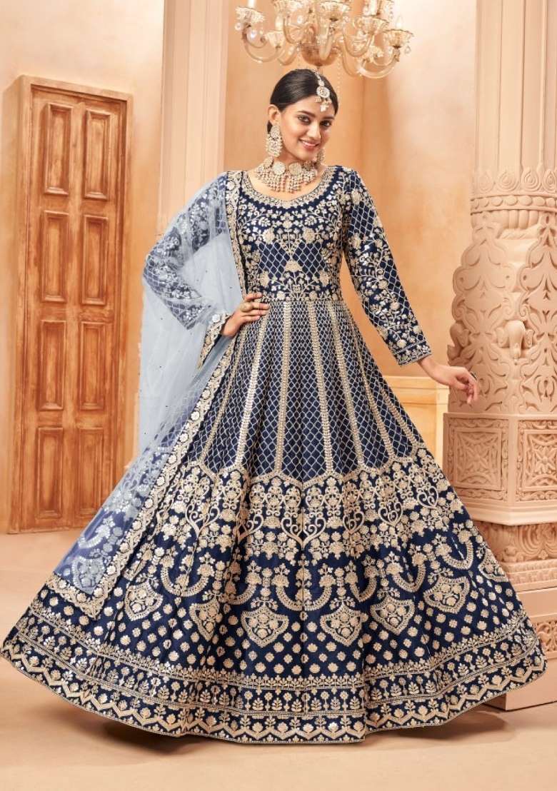 Navy Blue Embroidered Silk Blend Anarkali Set - Indya