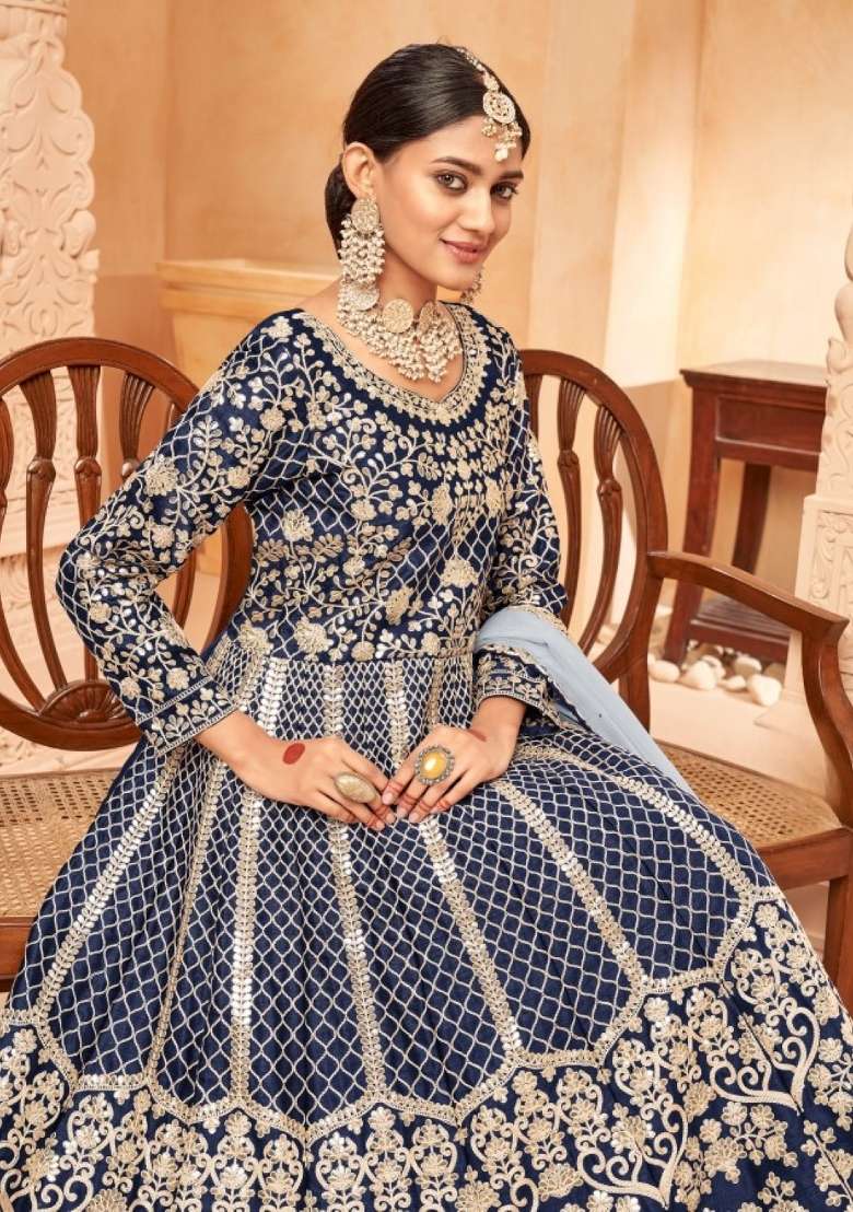 Navy Blue Embroidered Silk Blend Anarkali Set - Indya