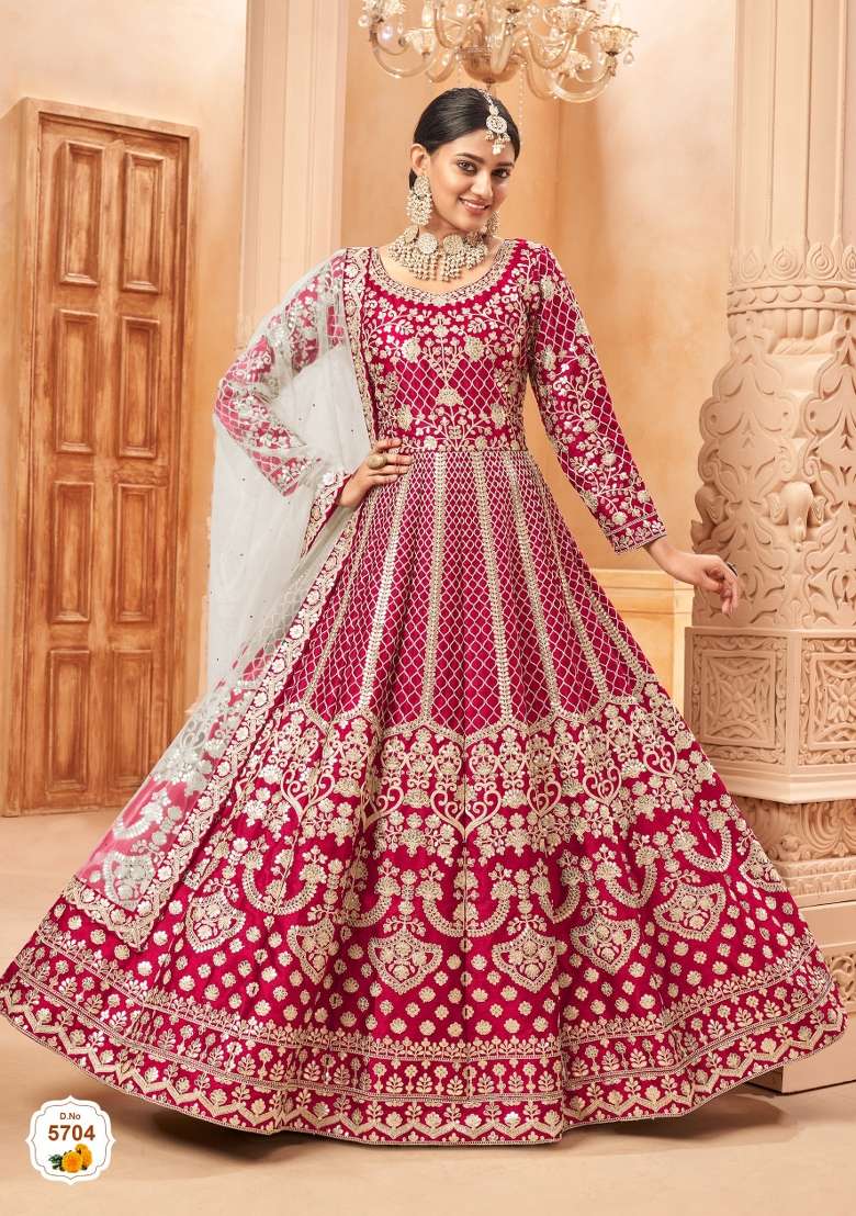 Red Embroidered Silk Blend Anarkali Set - Indya