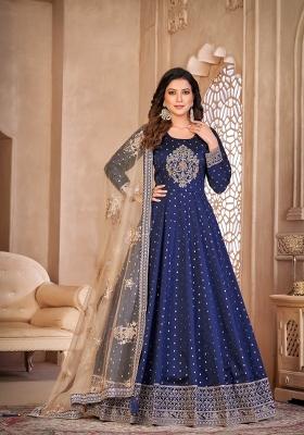 Navy Blue Embroidered Silk Anarkali Set