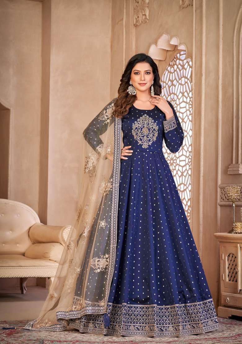 Navy Blue Embroidered Silk Blend Anarkali Set - Indya
