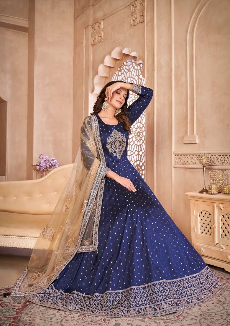Navy Blue Embroidered Silk Blend Anarkali Set - Indya