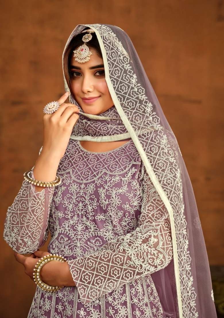 Lavender Embroidered Net Anarkali Set - Indya