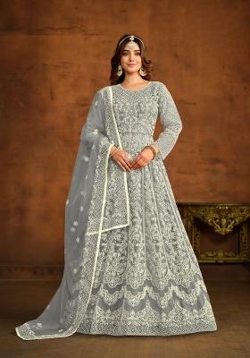 Grey Embroidered Net Anarkali Set
