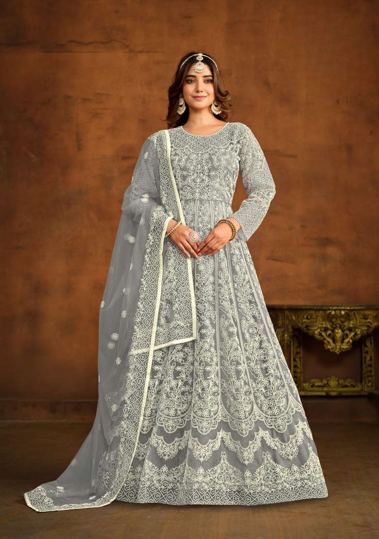 Grey Embroidered Net Anarkali Set - Indya