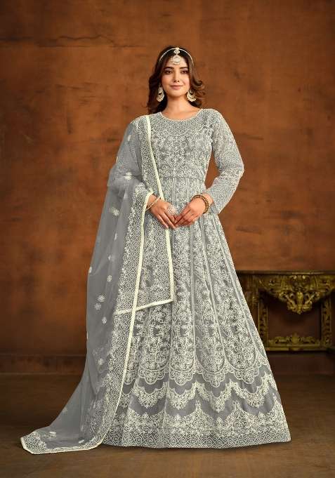 Grey Embroidered Net Anarkali Set