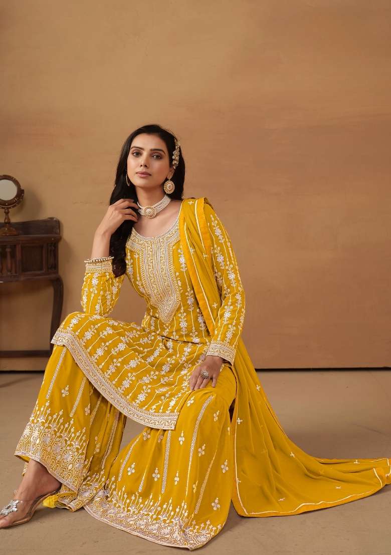 Yellow Embroidered Georgette Salwar Kameez - Indya