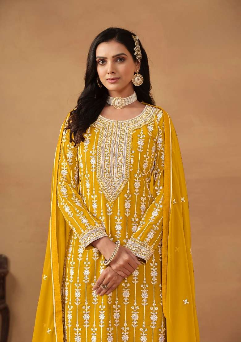 Yellow Embroidered Georgette Salwar Kameez - Indya