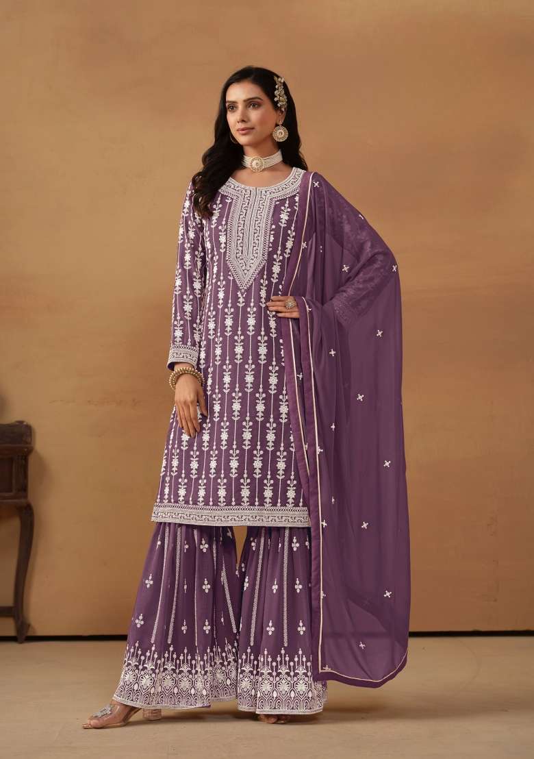 Purple Embroidered Georgette Salwar Kameez - Indya