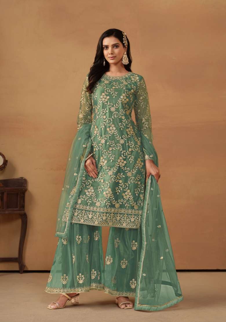 Green Embroidered Net Salwar Kameez - Indya