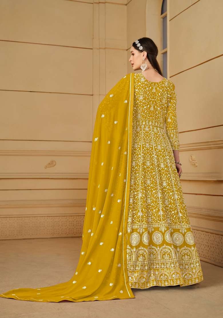 Yellow Embroidered Georgette Anarkali Set - Indya