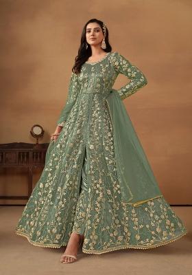 Green Embroidered Net Anarkali Set