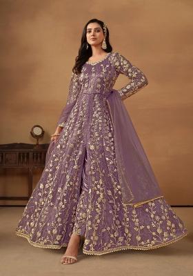 Purple Embroidered Net Anarkali Set