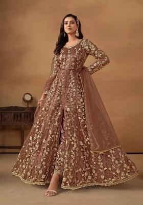 Brown Embroidered Net Anarkali Set