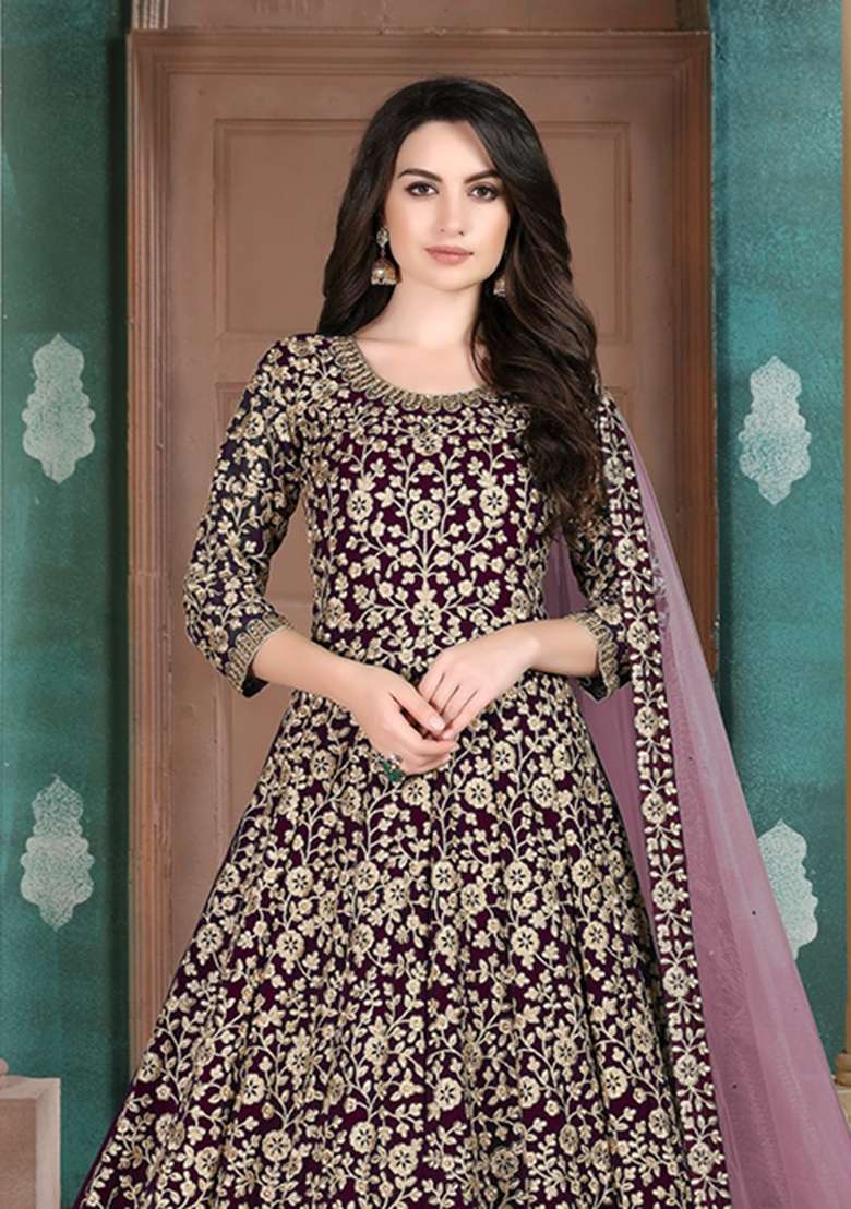 Purple Embroidered Georgette Anarkali Set - Indya