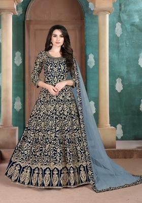 Navy Blue Embroidered Georgette Anarkali Set