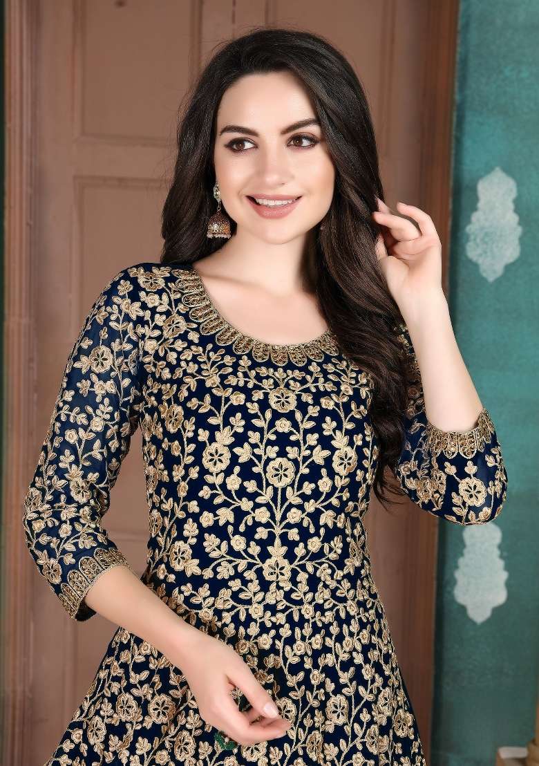 Navy Blue Embroidered Georgette Anarkali Set - Indya
