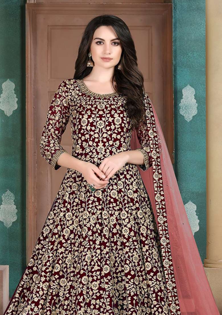 Maroon Embroidered Georgette Anarkali Set - Indya