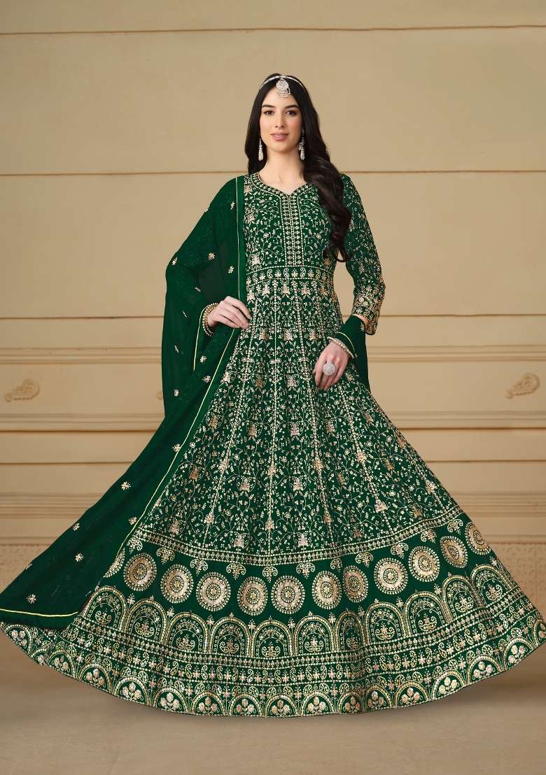 Green Embroidered Georgette Anarkali Set - Indya