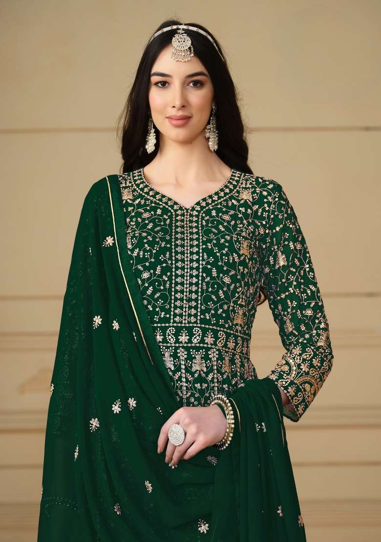 Green Embroidered Georgette Anarkali Set - Indya