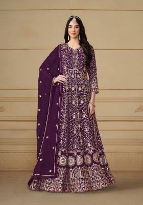 Purple Embroidered Georgette Anarkali Set
