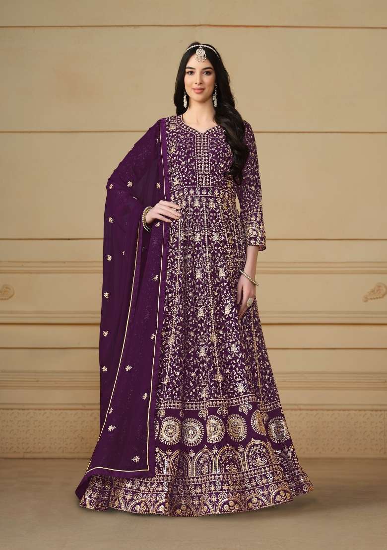 Purple Embroidered Georgette Anarkali Set - Indya