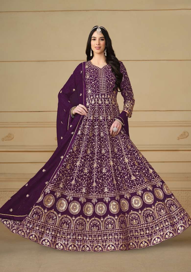 Purple Embroidered Georgette Anarkali Set - Indya