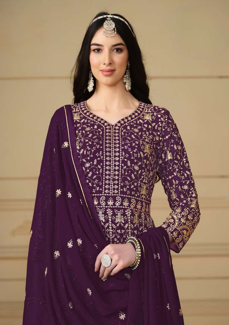 Purple Embroidered Georgette Anarkali Set - Indya
