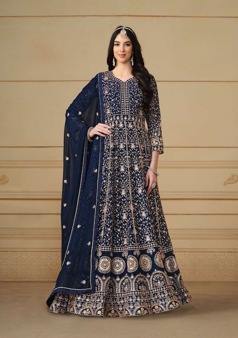 Navy Blue Embroidered Georgette Anarkali Set - Indya