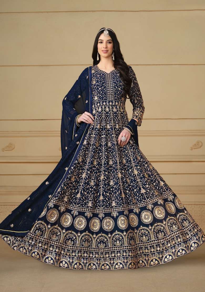 Navy Blue Embroidered Georgette Anarkali Set - Indya
