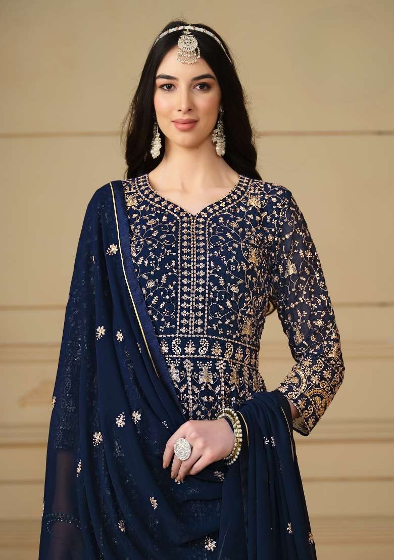 Navy Blue Embroidered Georgette Anarkali Set - Indya
