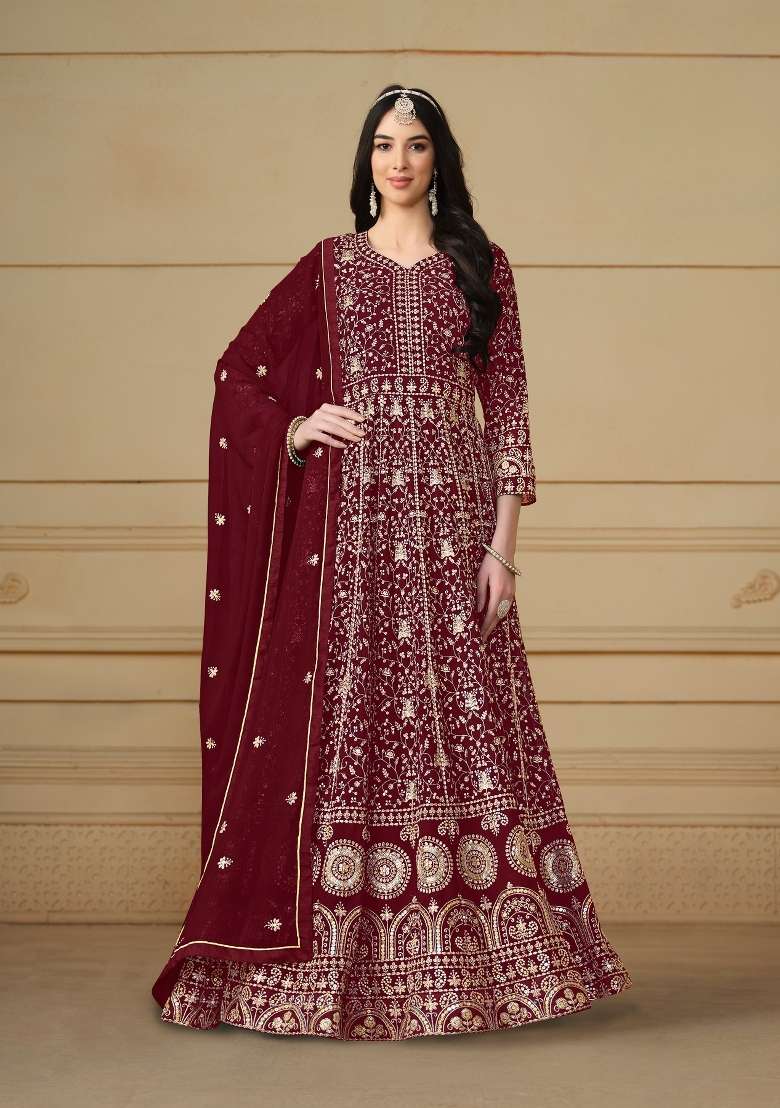 Maroon Embroidered Georgette Anarkali Set - Indya