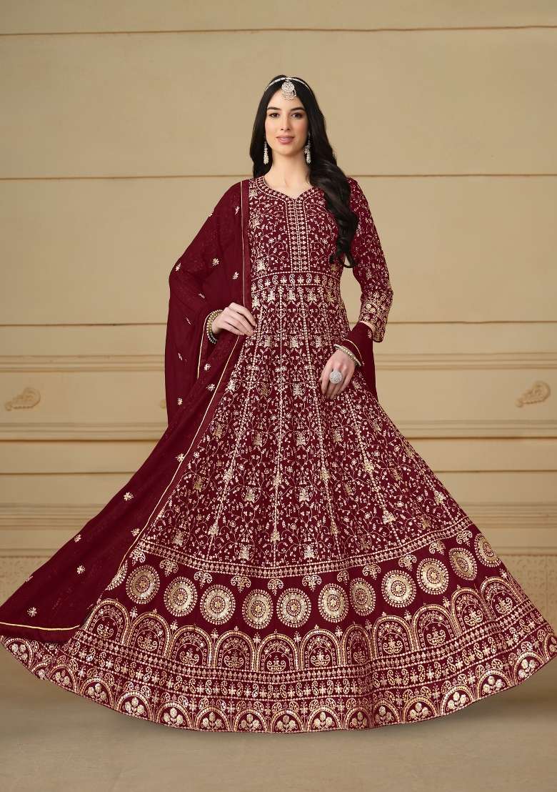Maroon Embroidered Georgette Anarkali Set - Indya