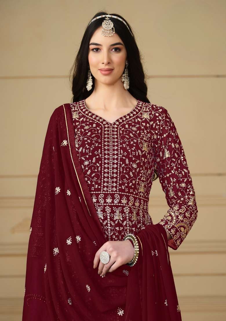 Maroon Embroidered Georgette Anarkali Set - Indya