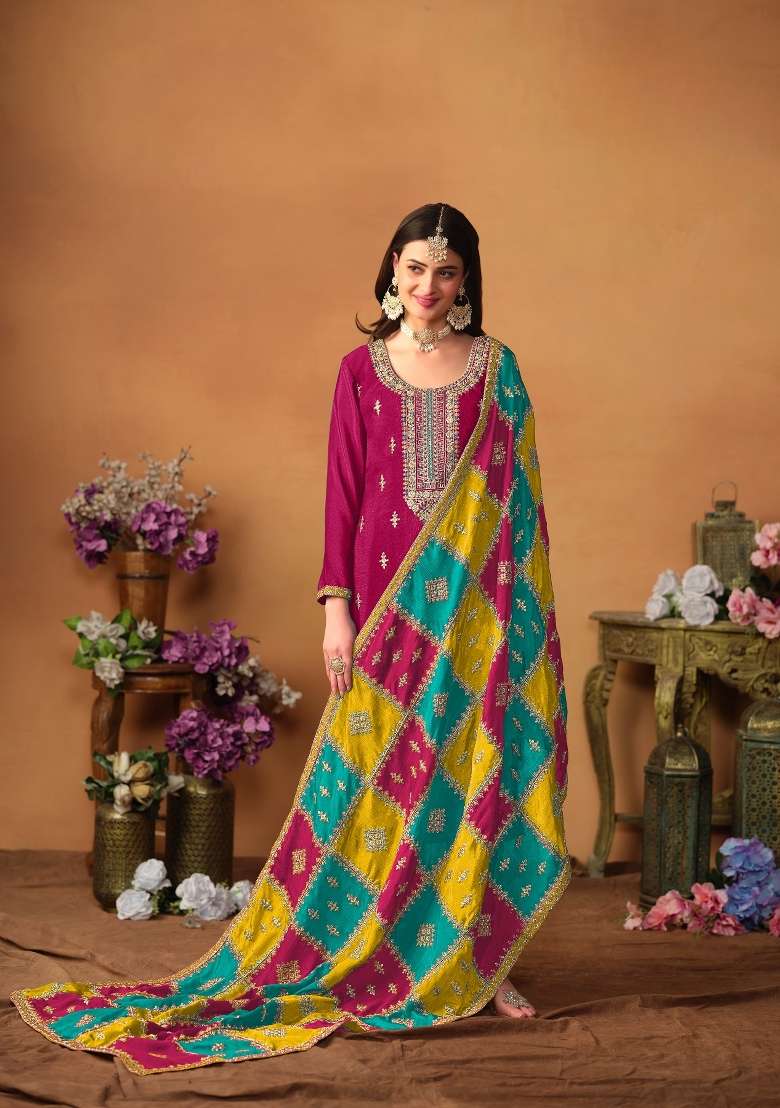 Wine Embroidered Silk Blend Salwar Kameez - Indya
