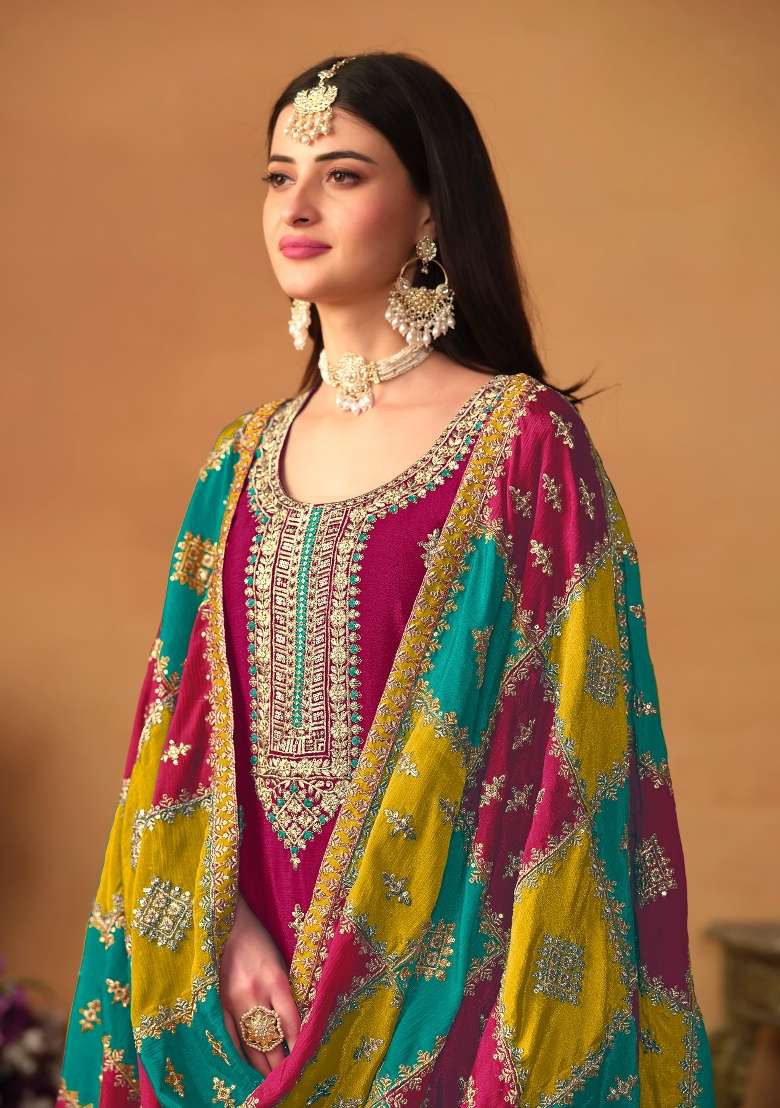 Wine Embroidered Silk Blend Salwar Kameez - Indya