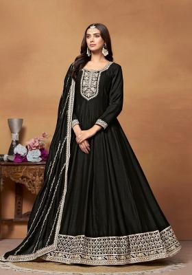 Black Embroidered Silk Anarkali Set