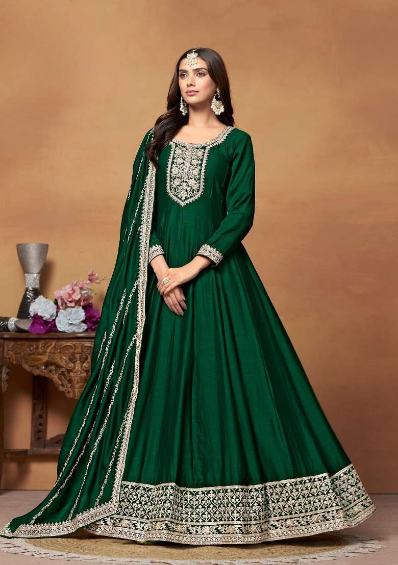Green Embroidered Silk Blend Anarkali Set - Indya