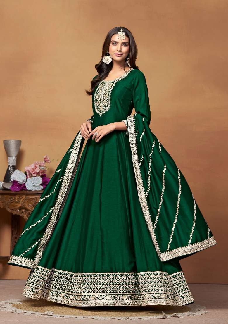 Green Embroidered Silk Blend Anarkali Set - Indya