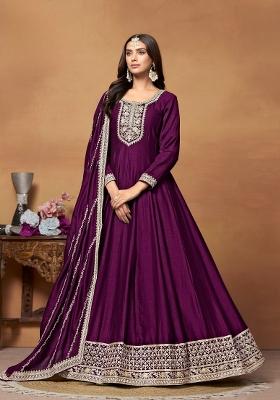 Wine Embroidered Silk Anarkali Set
