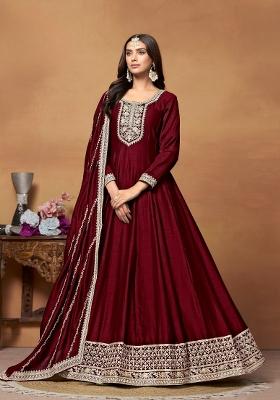 Maroon Embroidered Silk Anarkali Set