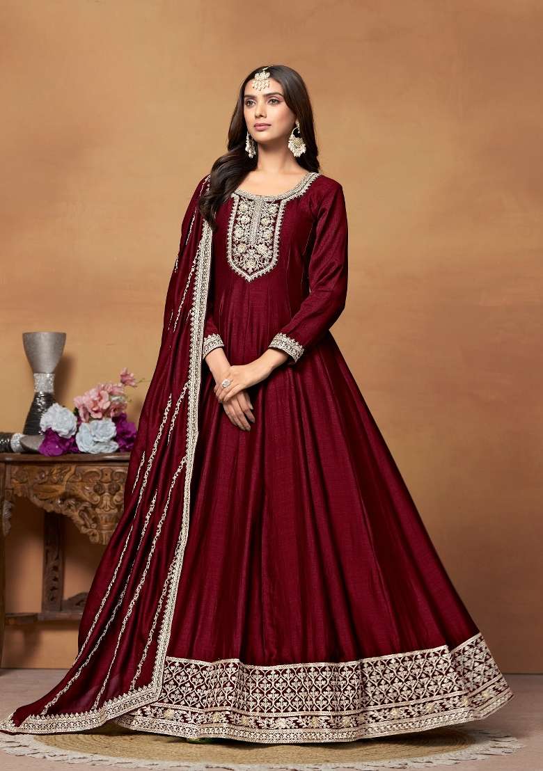 Maroon Embroidered Silk Blend Anarkali Set - Indya